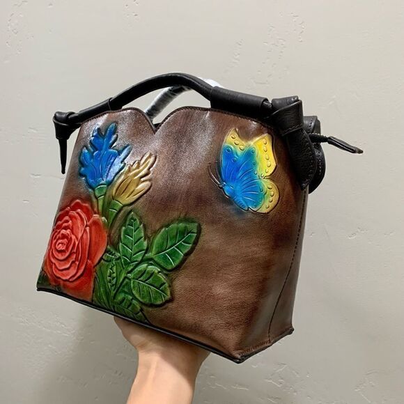 Genuine Distressed Leather Relief Floral & Butterfly Embossed Satchel/Crossbody - Picture 3 of 16